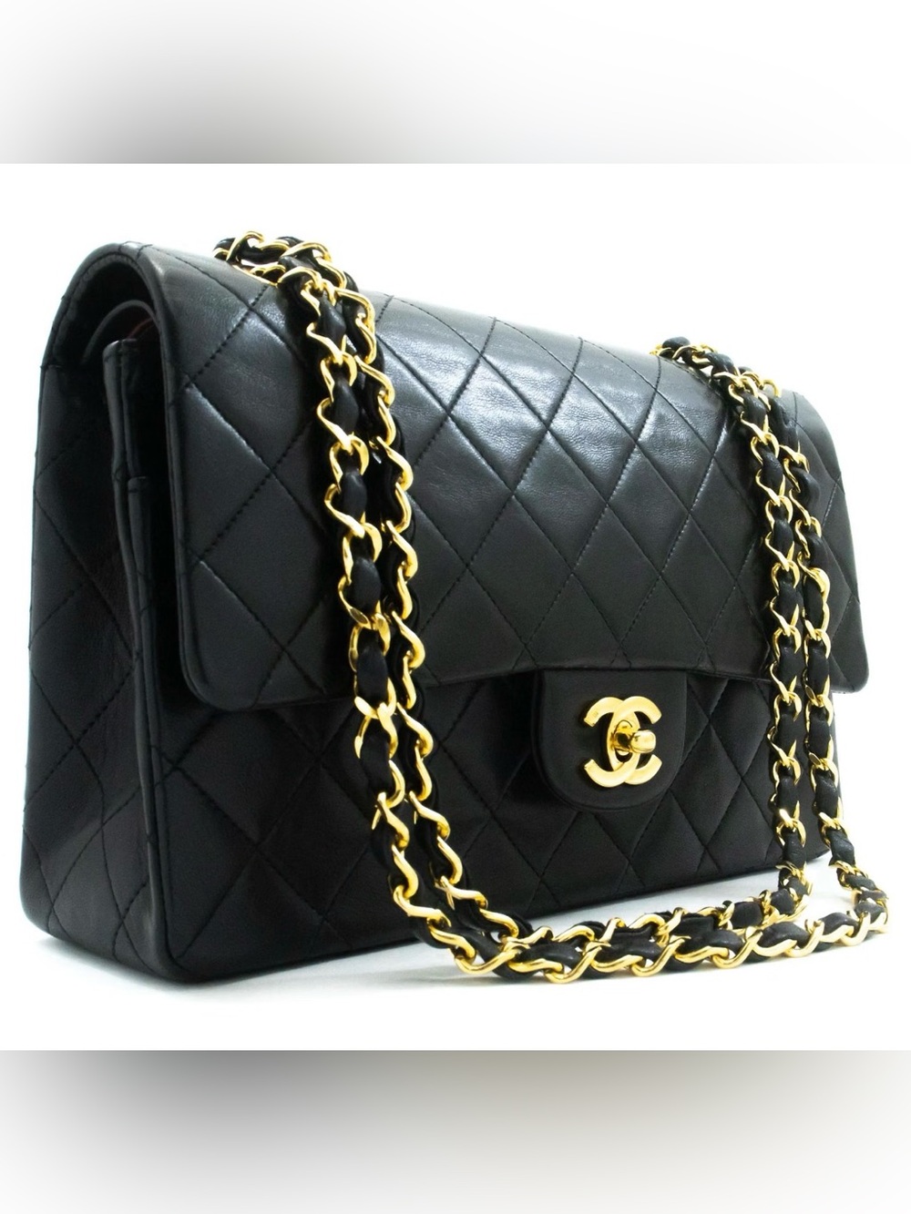CHANEL Classic Double Flap Chain Shoulder Bag Black Lambskin Leather COA